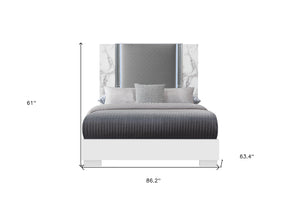 HomeRoots White Faux Marble Queen Bed Frame with Upholstery and LED Lighting - Modern, Stylish, Durable Design 564755