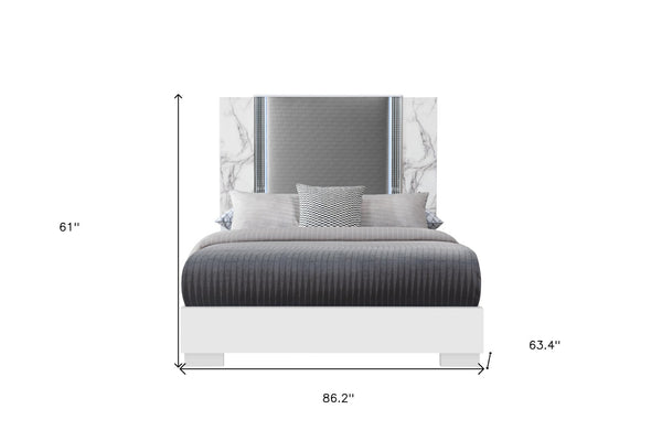 HomeRoots White Faux Marble Queen Bed Frame with Upholstery and LED Lighting - Modern, Stylish, Durable Design 564755
