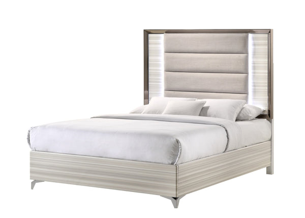HomeRoots Beige King Bed Frame with Chrome Accents, LED Lighting & Upholstered Comfort for Modern Bedrooms 564756