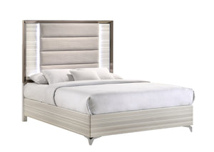 HomeRoots Beige King Bed Frame with Chrome Accents, LED Lighting & Upholstered Comfort for Modern Bedrooms 564756