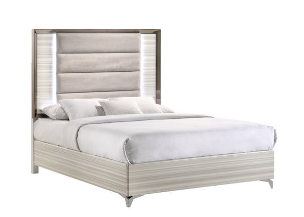 HomeRoots Beige King Bed Frame with Chrome Accents, LED Lighting & Upholstered Comfort for Modern Bedrooms 564756