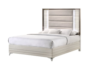 HomeRoots Beige King Bed Frame with Chrome Accents, LED Lighting & Upholstered Comfort for Modern Bedrooms 564756