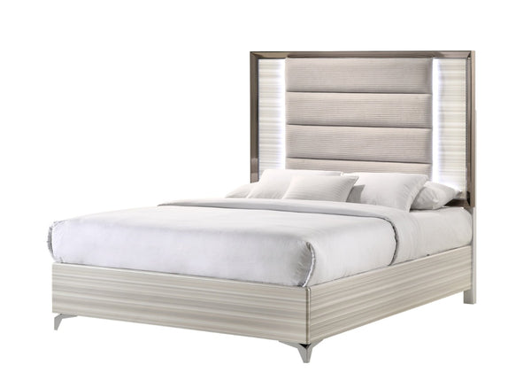 HomeRoots Beige King Bed Frame with Chrome Accents, LED Lighting & Upholstered Comfort for Modern Bedrooms 564756