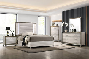 HomeRoots Beige King Bed Frame with Chrome Accents, LED Lighting & Upholstered Comfort for Modern Bedrooms 564756