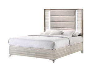 HomeRoots Beige King Bed Frame with Chrome Accents, LED Lighting & Upholstered Comfort for Modern Bedrooms 564756