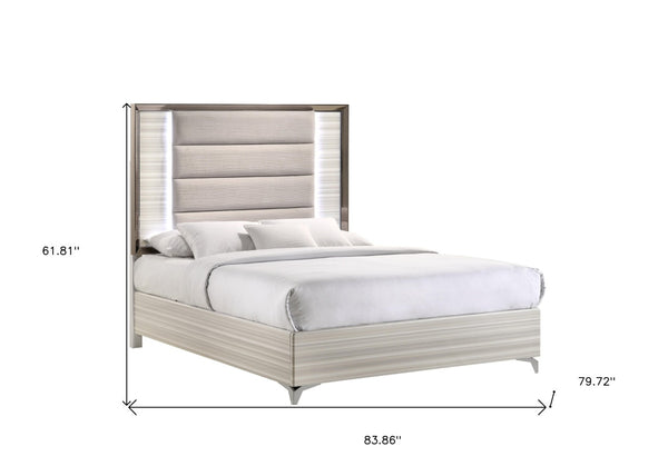 HomeRoots Beige King Bed Frame with Chrome Accents, LED Lighting & Upholstered Comfort for Modern Bedrooms 564756