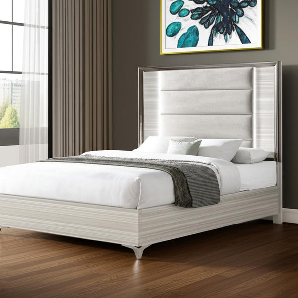 HomeRoots Beige King Bed Frame with Chrome Accents, LED Lighting & Upholstered Comfort for Modern Bedrooms 564756