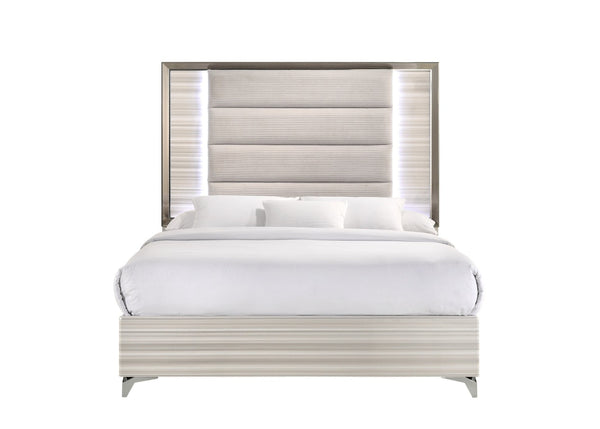 HomeRoots Beige Queen Bed Frame with Upholstered Design, Chrome Accents & Integrated LED Lighting for Elegance 564757
