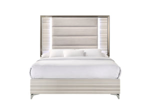 HomeRoots Beige Queen Bed Frame with Upholstered Design, Chrome Accents & Integrated LED Lighting for Elegance 564757
