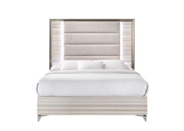 HomeRoots Beige Queen Bed Frame with Upholstered Design, Chrome Accents & Integrated LED Lighting for Elegance 564757