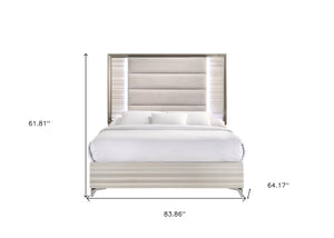 HomeRoots Beige Queen Bed Frame with Upholstered Design, Chrome Accents & Integrated LED Lighting for Elegance 564757