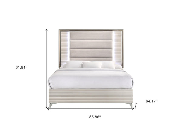 HomeRoots Beige Queen Bed Frame with Upholstered Design, Chrome Accents & Integrated LED Lighting for Elegance 564757