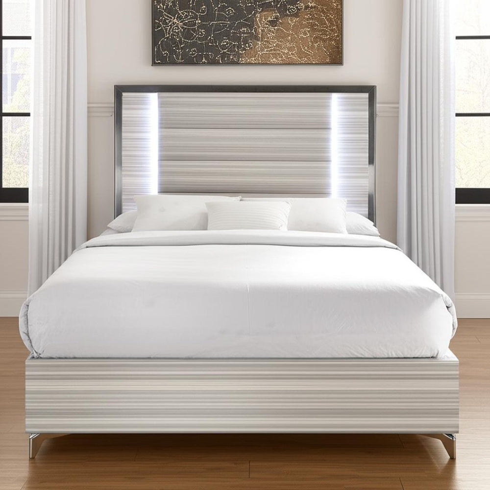 HomeRoots Beige Queen Bed Frame with Upholstered Design, Chrome Accents & Integrated LED Lighting for Elegance 564757