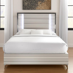HomeRoots Beige Queen Bed Frame with Upholstered Design, Chrome Accents & Integrated LED Lighting for Elegance 564757