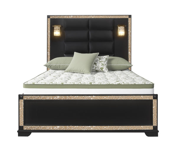 HomeRoots Black Faux Crystal Bling Full Bed Frame with Gold Accents and Ambient Lighting for Luxe Bedrooms 564758