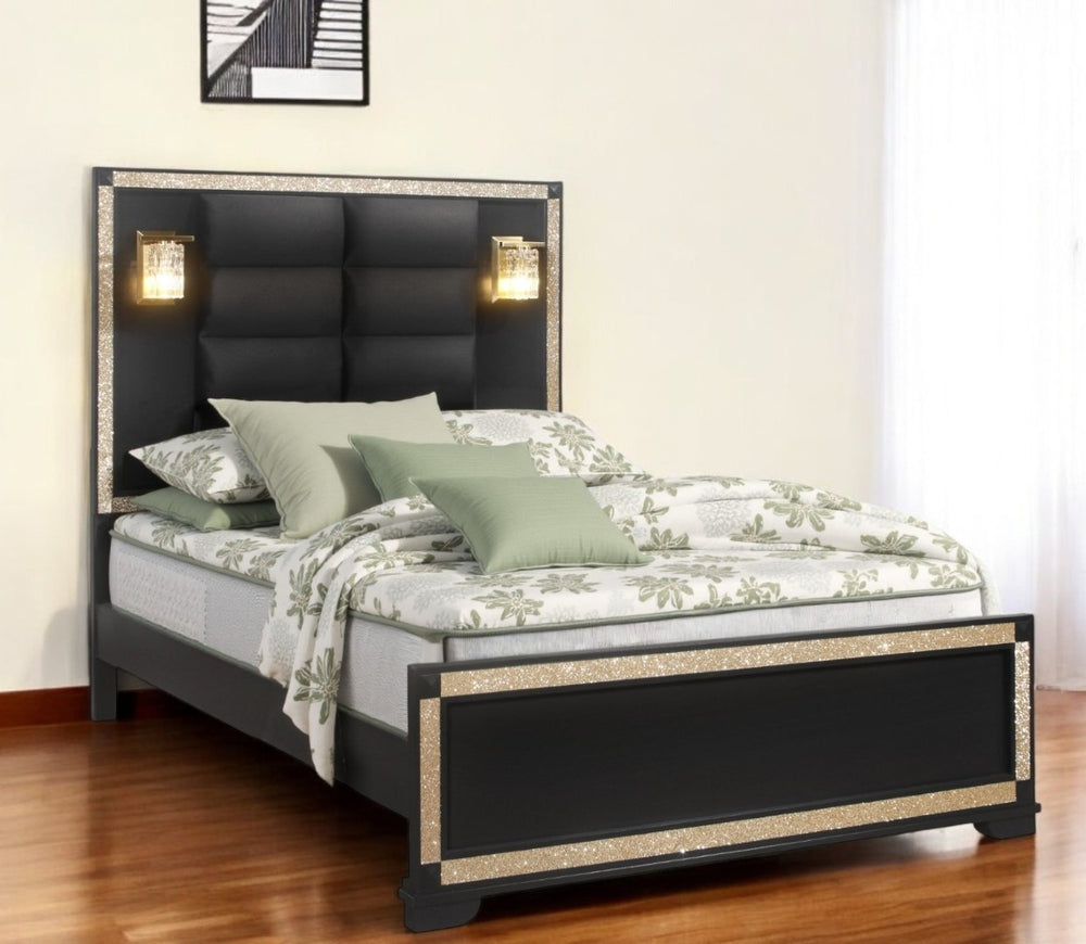 HomeRoots Black Faux Crystal Bling Full Bed Frame with Gold Accents and Ambient Lighting for Luxe Bedrooms 564758