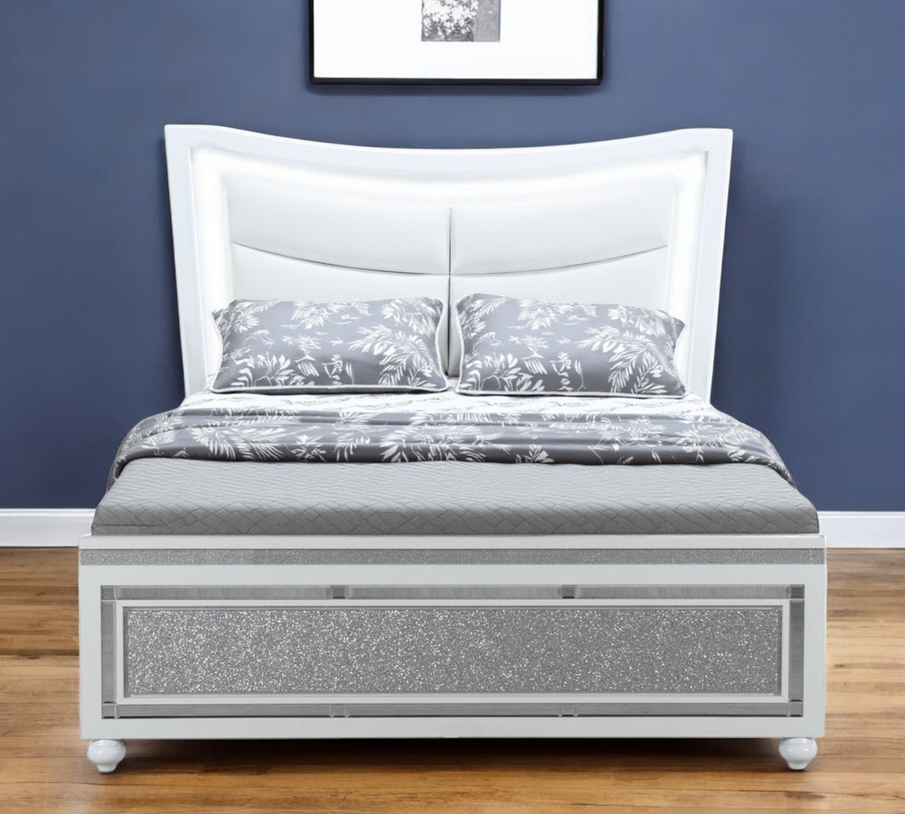 Homeroots Silver Faux Crystal Bling Upholstered Full Bed Frame With Led Lighting - Luxurious Comfort Oasis  Wood 564759