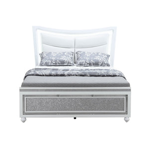 Homeroots White Faux Crystal Bling Queen Bed Frame - Luxurious Upholstered Design With Hidden Storage Drawer  Wood 564761