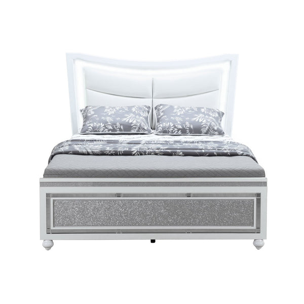 Homeroots White Faux Crystal Bling Queen Bed Frame - Luxurious Upholstered Design With Hidden Storage Drawer  Wood 564761
