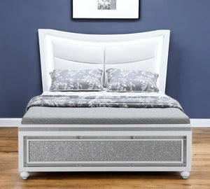 HomeRoots White Faux Crystal Queen Bed Frame with Lighted Upholstered Headboard & Hidden Storage Drawer 564761