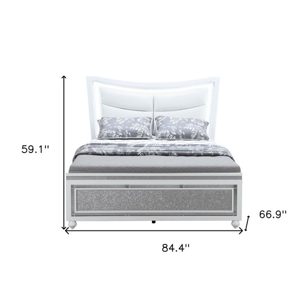 Homeroots White Faux Crystal Bling Queen Bed Frame - Luxurious Upholstered Design With Hidden Storage Drawer  Wood 564761