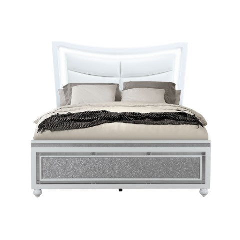Homeroots White Faux Crystal Bling Queen Bed Frame - Luxurious Upholstered Design With Hidden Storage Drawer  Wood 564761