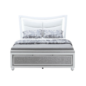 Homeroots White Faux Crystal Bling Queen Bed Frame - Luxurious Upholstered Design With Hidden Storage Drawer  Wood 564761
