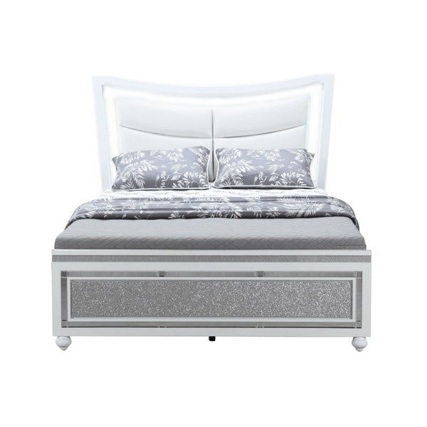 Homeroots White Faux Crystal Bling Queen Bed Frame - Luxurious Upholstered Design With Hidden Storage Drawer  Wood 564761