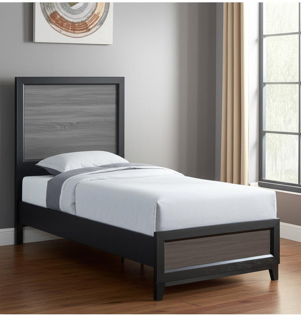 HomeRoots Black Twin Bed Frame with Two-Tone Gray Faux Wood Design – Modern, Durable, and Stylish Bedroom Update 564765