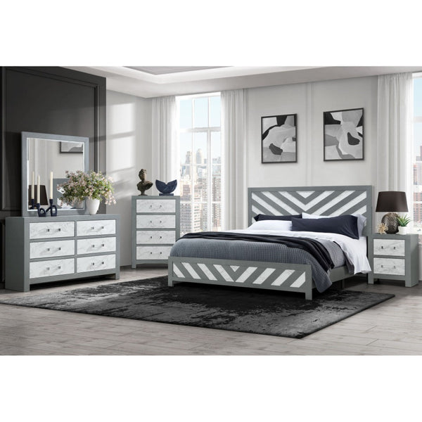 Homeroots Gray Carved Geometric King Bed Frame - Elegant Gray & White Design For A Luxurious Sleep Sanctuary  Wood 564767