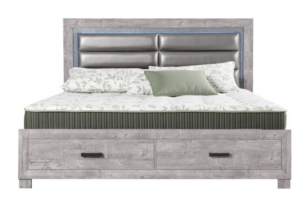 Homeroots Gray Faux Crystal Bling King Bed Frame With Led Lights & Storage Drawers - Stylish Comfort Awaits!  Wood 564773
