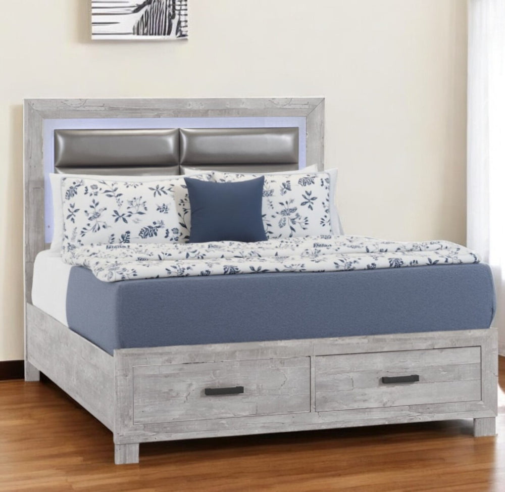 Homeroots Gray Faux Crystal Bling King Bed Frame With Led Lights & Storage Drawers - Stylish Comfort Awaits!  Wood 564773