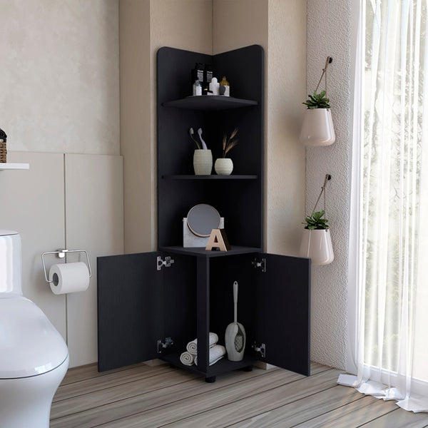 HomeRoots 15" Black Wood Freestanding Vanity - Stylish Corner Design with Ample Storage for Small Bathrooms 564774