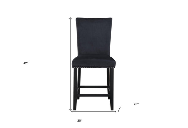 HomeRoots 25" Black Velvet Counter Height Bar Chair - Modern Design with Nailhead Trim & Integrated Footrest 564780