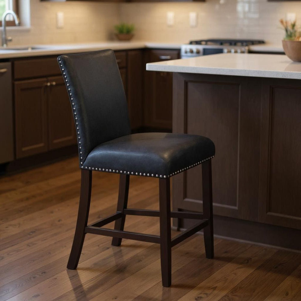 HomeRoots 25" Black Velvet Counter Height Bar Chair - Modern Design with Nailhead Trim & Integrated Footrest 564780