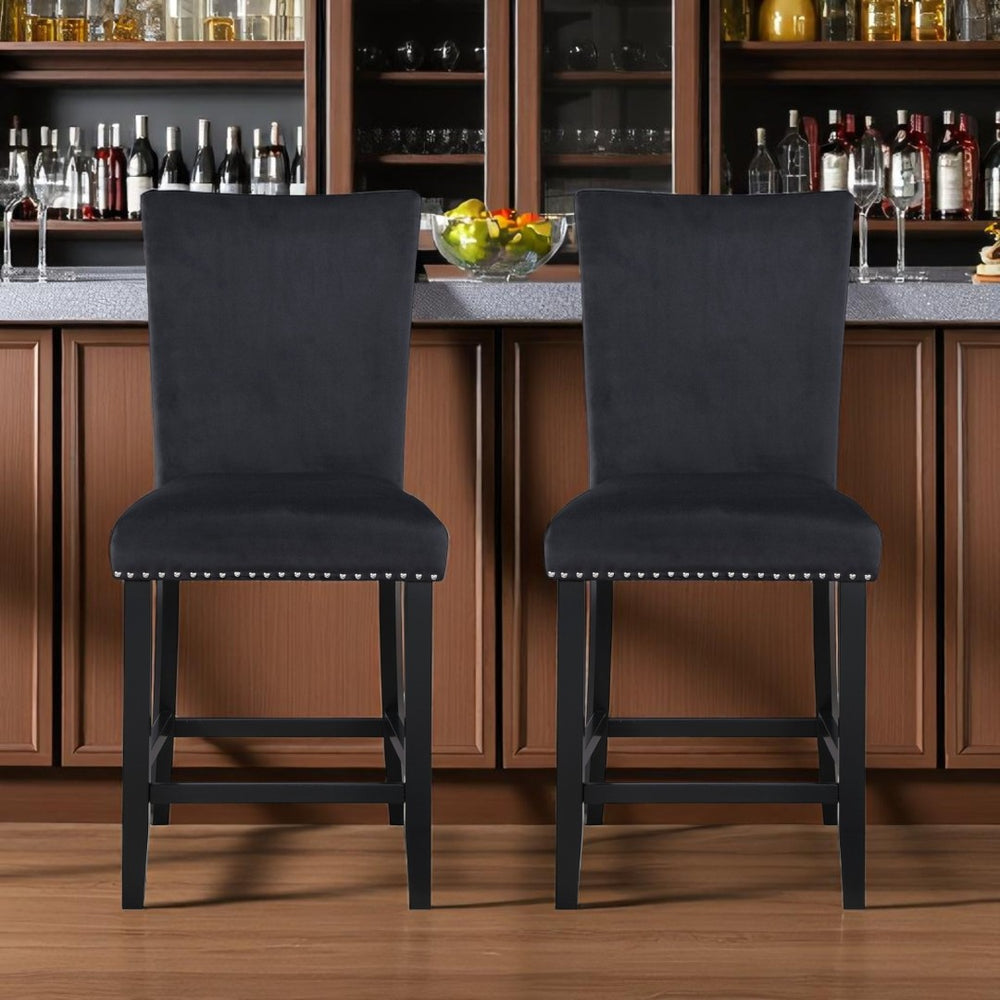 HomeRoots Set of Two Modern Black Wood and Velvet Counter-Height Bar Chairs for Stylish Home Seating 564781