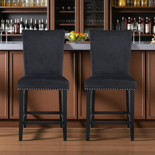 HomeRoots Set of Two Modern Black Wood and Velvet Counter-Height Bar Chairs for Stylish Home Seating 564781