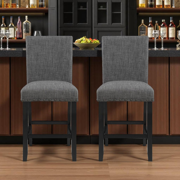 HomeRoots Set of Two Stylish 26" Gray Fabric & Black Wood Counter Height Bar Chairs for Modern Spaces 564783