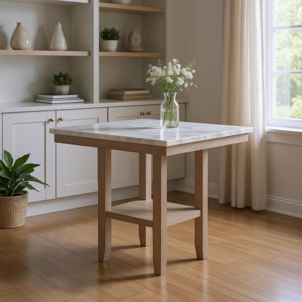 HomeRoots 42" White Faux Marble and Natural Wood Square Bar Table - Stylish, Durable, Versatile Design for Any Space 564791