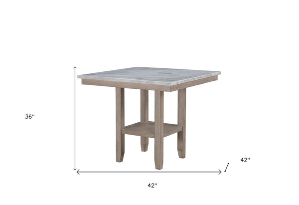 Homeroots 42" Stylish White Faux Marble & Natural Wood Square Bar Table – Perfect For Modern Spaces & Gatherings!   564791