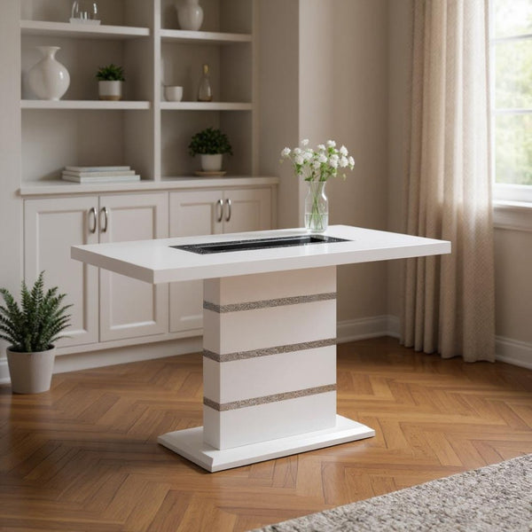 HomeRoots 63" Glamorous White and Black Glass Bar Table with Faux Crystal Accents for Modern Entertaining 564792