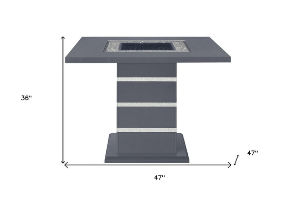 HomeRoots 47" Modern Glam Dark Gray Square Bar Table with Black Glass Top and Silver Faux Crystal Accents 564794