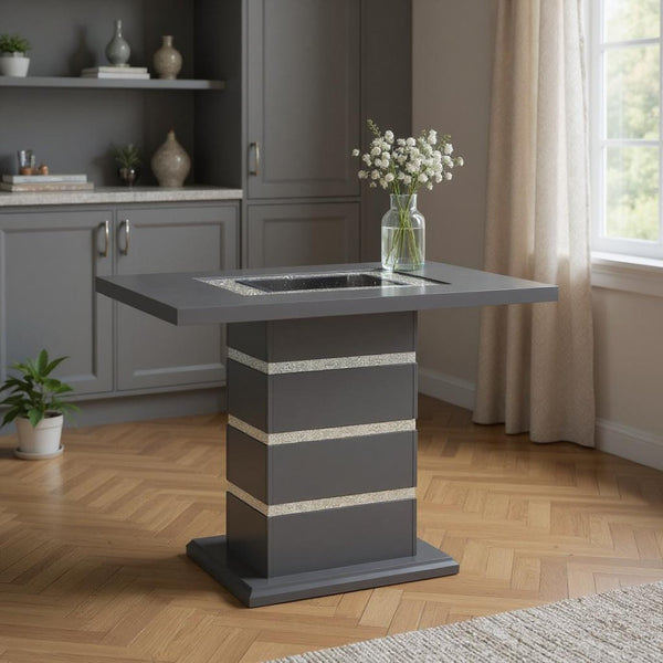 HomeRoots 47" Modern Glam Dark Gray Square Bar Table with Black Glass Top and Silver Faux Crystal Accents 564794