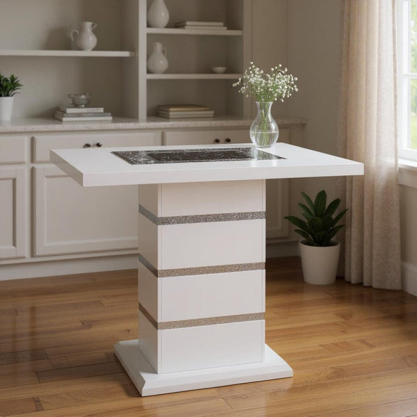 HomeRoots 47" Glamorous White and Black Glass Bar Table with Faux Crystal Accents for Chic Entertaining Space 564795