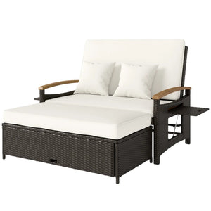 English Elm 4-in-1 Wicker Outdoor Daybed with Acacia Armrests Reclining Loveseat and Storage Ottoman T3971P484810