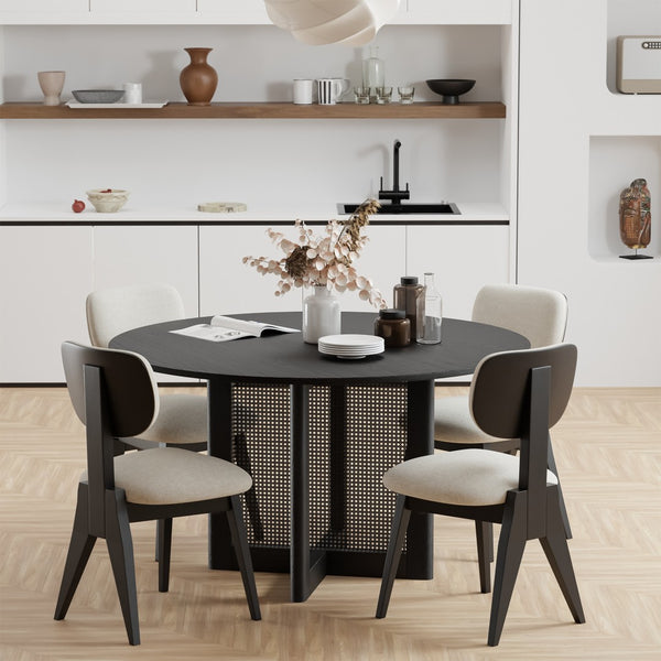 Homeroots Set Of Two Stylish Beige And Black Upholstered Open Back Dining Chairs For Any Room Decor   564810