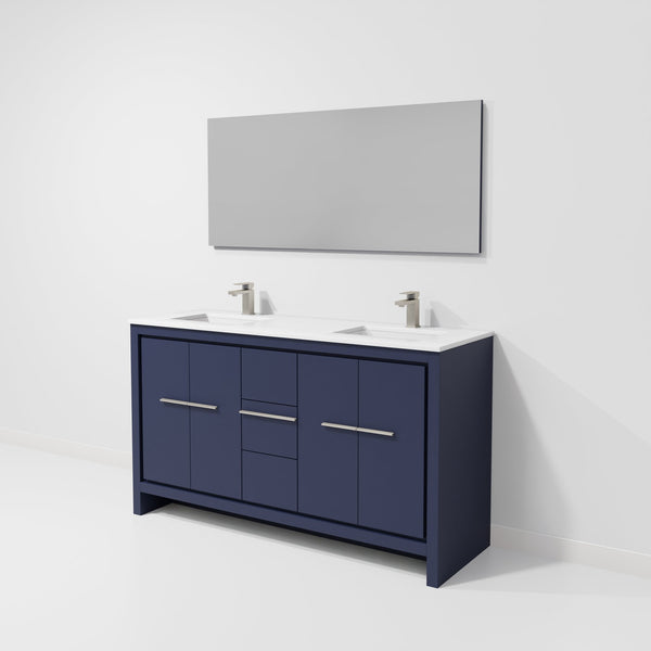 English Elm Navy Blue Double Bath Vanity 60" W, White Quartz Top, Gun Metal Faucet & 55" Mirror For Luxury Bathrooms B2731S01723