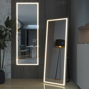 HomeRoots 63" Elegant White Metal Framed Bathroom Vanity Mirror with Integrated Lighting for Modern Spaces 564819