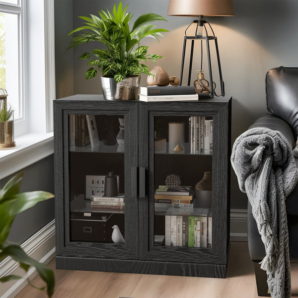 HomeRoots 31" Modern Black Glass Door Accent Cabinet with 3 Adjustable Shelves for Stylish Storage Solutions 564863