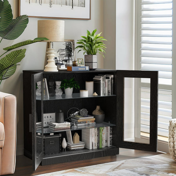 HomeRoots 31" Modern Black Glass Door Accent Cabinet with 3 Adjustable Shelves for Stylish Storage Solutions 564863